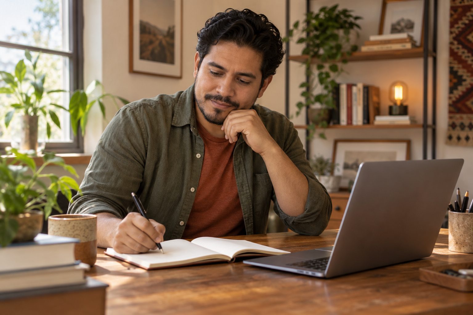 An author planning at his desk