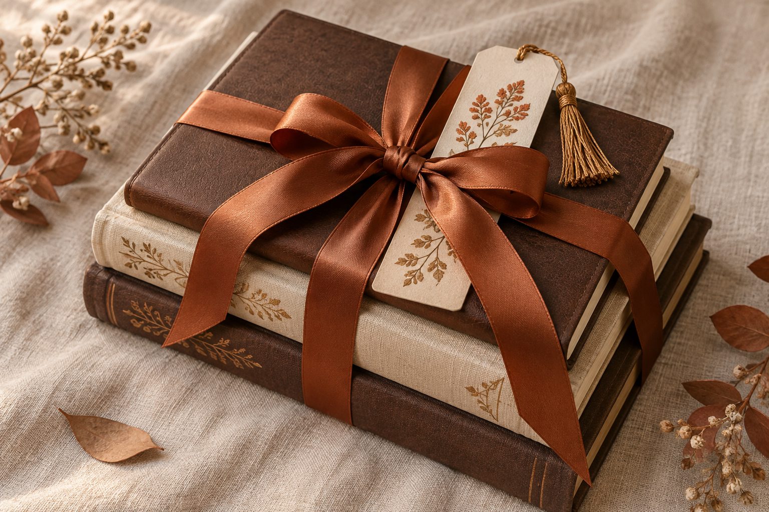 Finished books tied with a ribbon