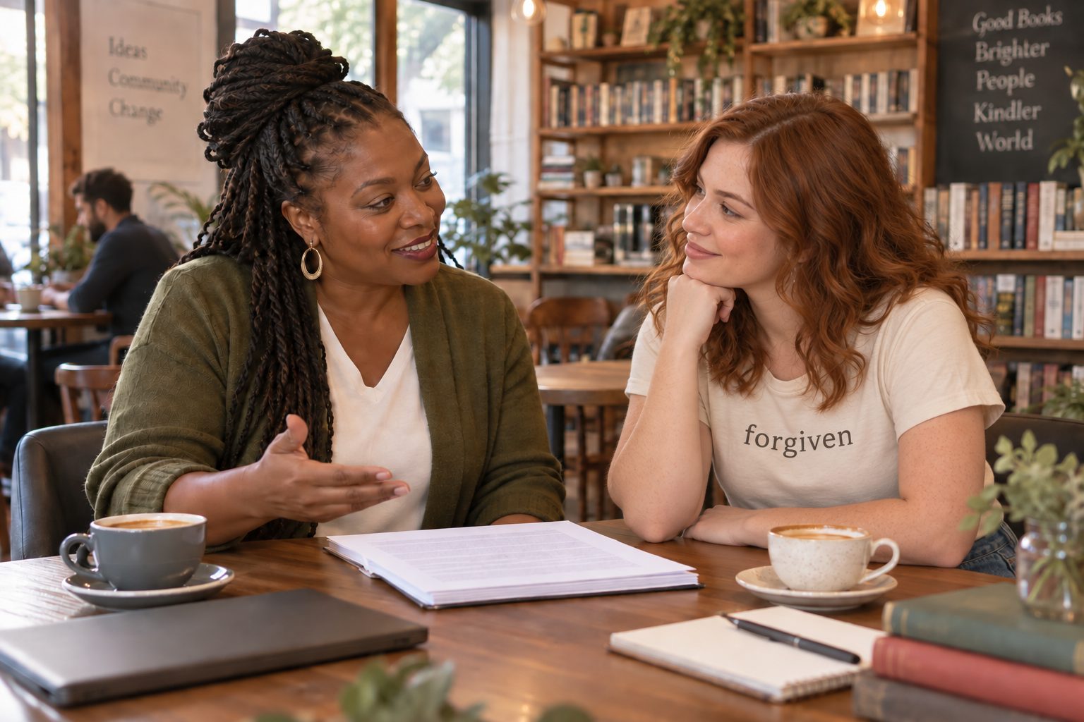 Two women talking over coffee about a manuscript