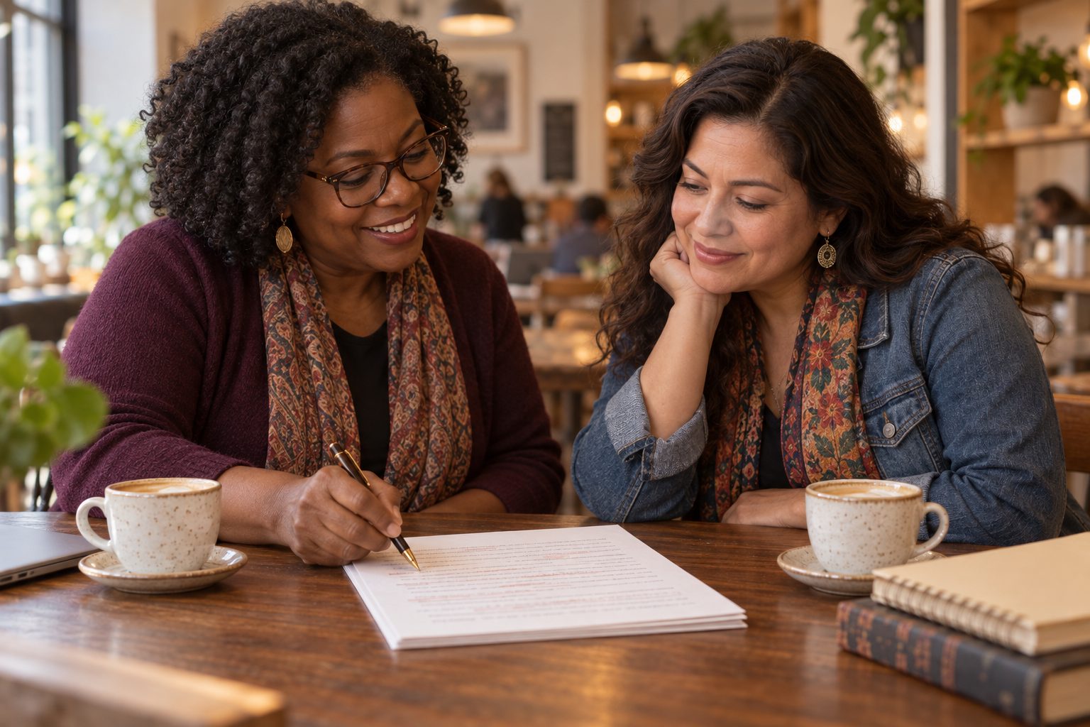 Two women smiling over coffee as they review a manuscript