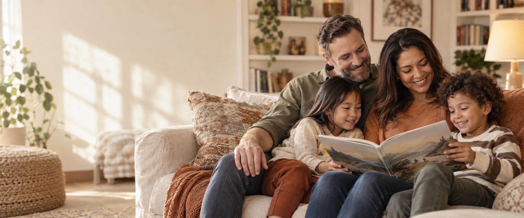 A family reading together on the couch