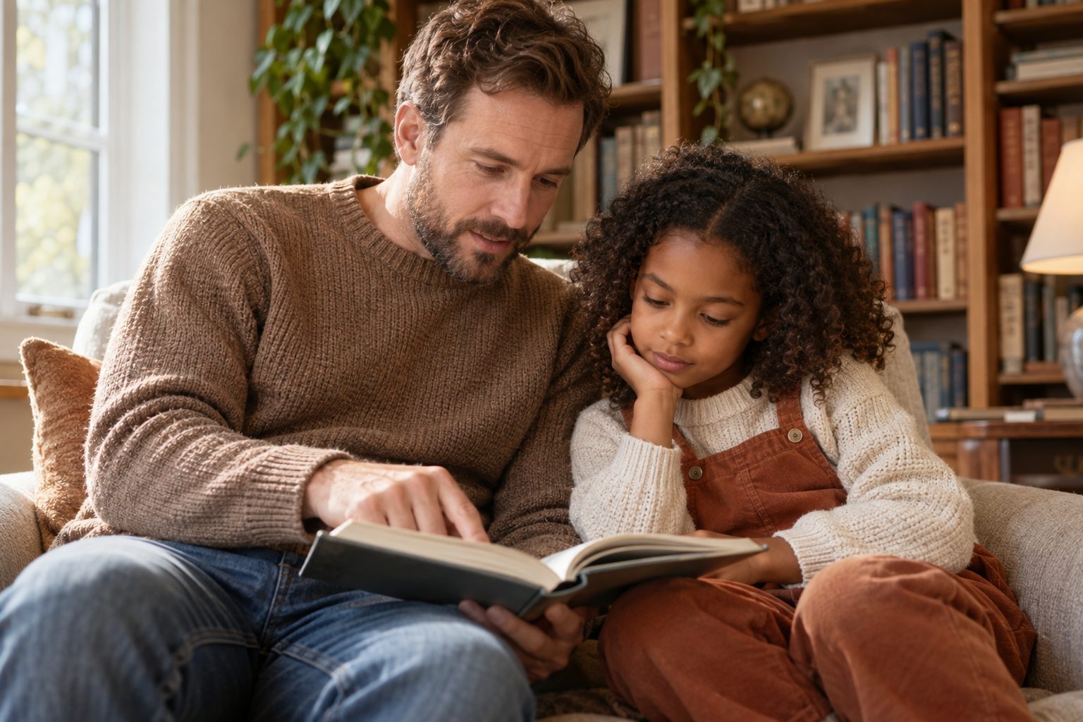 A father and daughter reading together