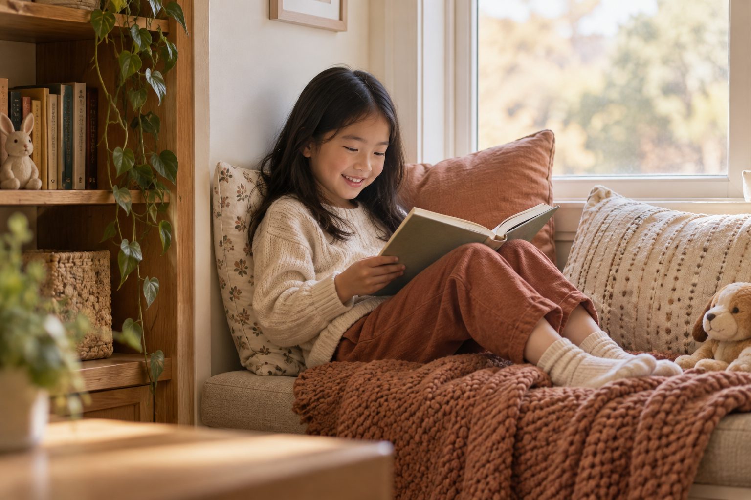 A girl smiling while reading in a cozy window seat