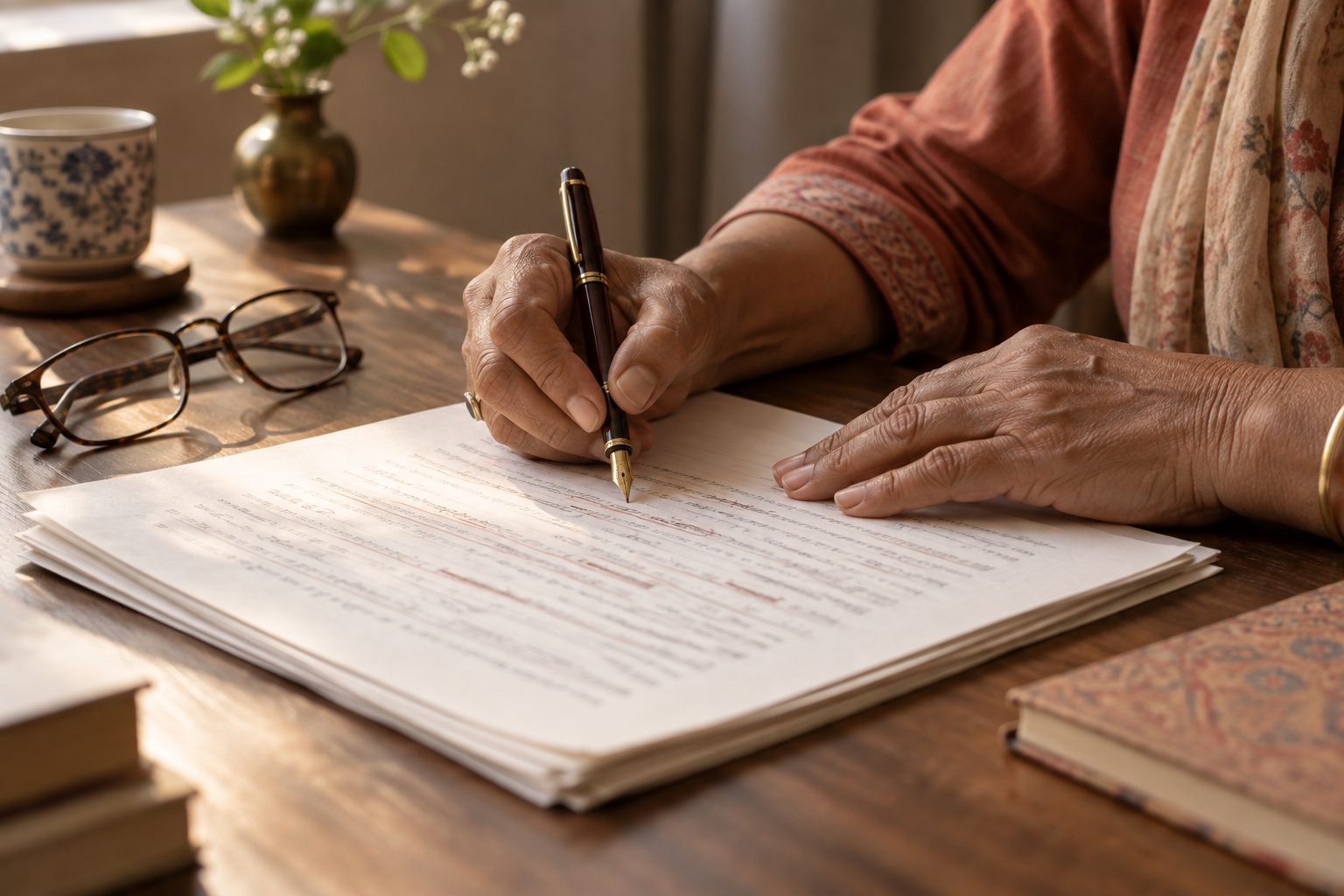 Hands marking up a manuscript with a fountain pen