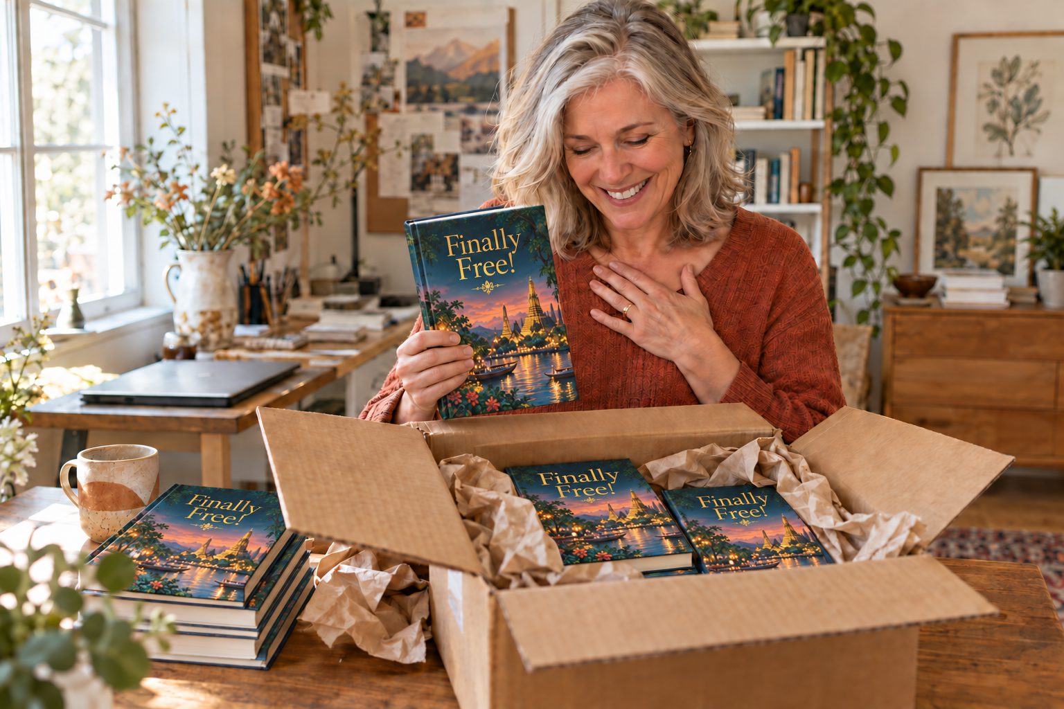 An author smiling as she unboxes copies of her newly printed book